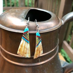Southwestern style inlaid shell earrings.
